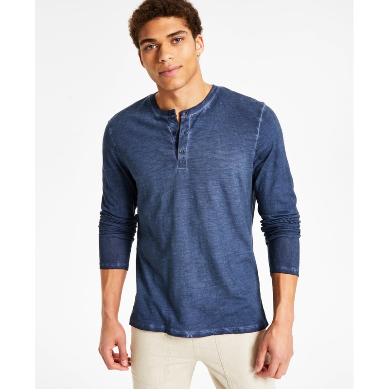 Sun + Stone Men's Long Sleeve Henley Shirt  Dark Blue Small