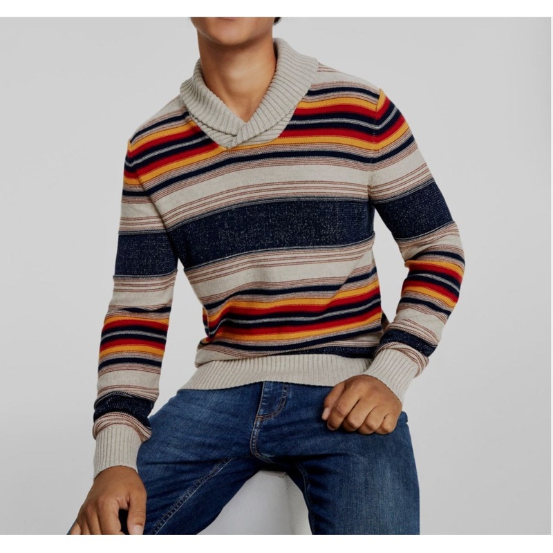 Sun + Stone Mens Striped Shawl Pullover Sweater Mulitcolor Large