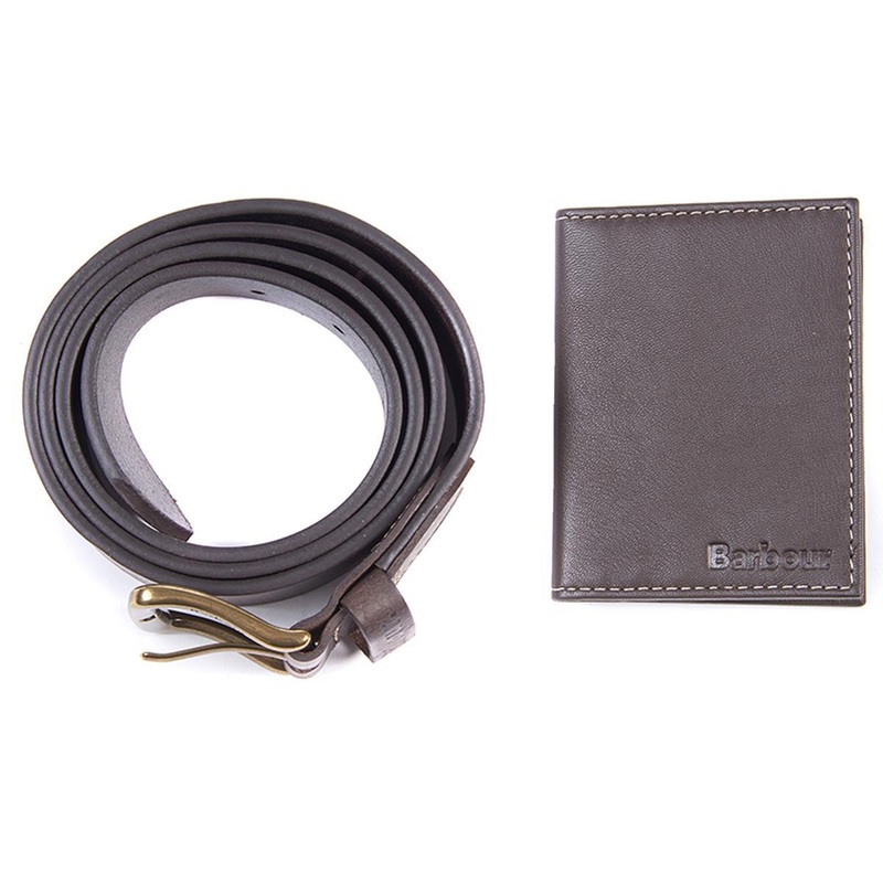Barbour Men's Leather Belt & Billfold Wallet Set Dark Brown Large