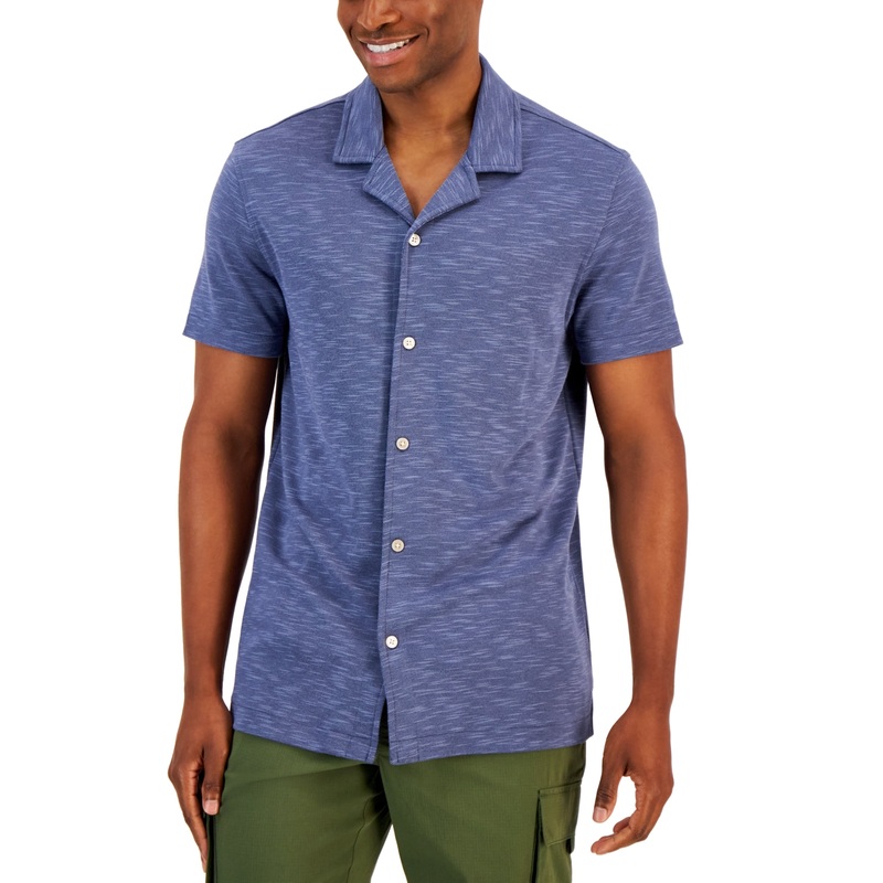 Alfani Men's Slub Pique Camp Collar Shirt Dark Blue Small