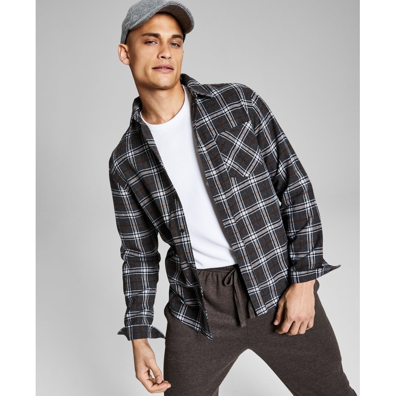 And Now This Men's Flannel Collared Button down Shirt Gray Medium