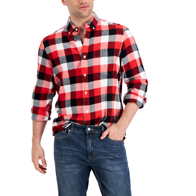Club Room Mens Flannel Cotton Buttondown Shirt Club Room Red 2XL