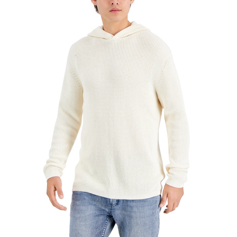 INC International Concepts Men's Acid Wash Hooded Sweater Antique White MEDIUM