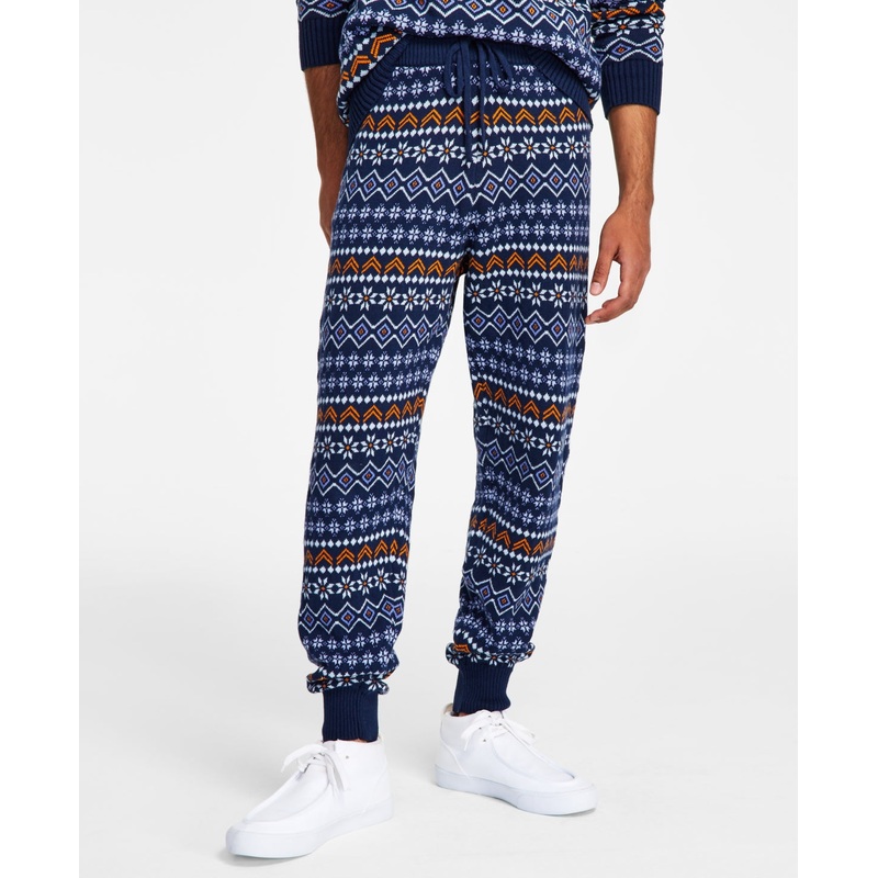 Sun + Stone Men's Fair Isle Knit Jogger Pants Navy Blue  Large