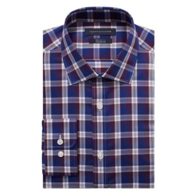 Tommy Hilfiger Flex Cool Athletic Fit Dress Shirt Navy Burgundy Red 16 X 34-35