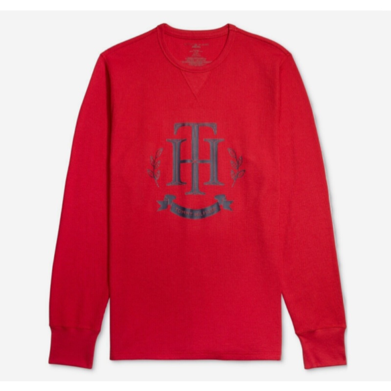 TOMMY HILFIGER Men's Thermal Waffle-Knit Logo Long-Sleeve Pajama T-Shirt Red XL