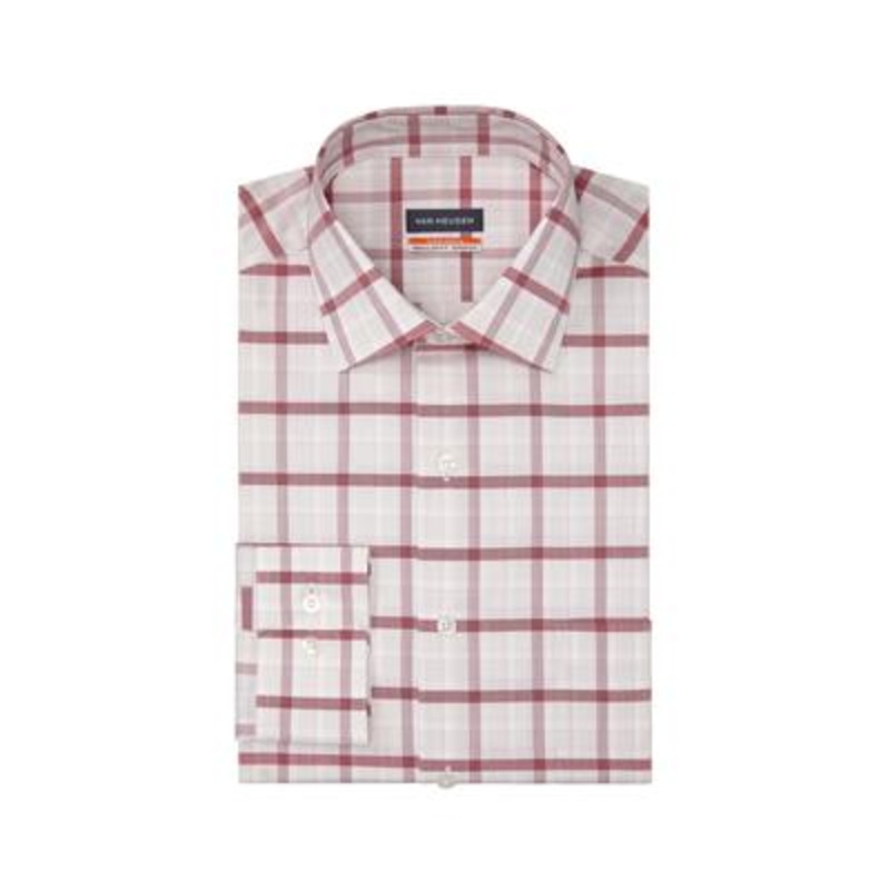 Van Heusen Men's Stain Shield Regular Fit Dress Shirt Plaid Latte RED Medium