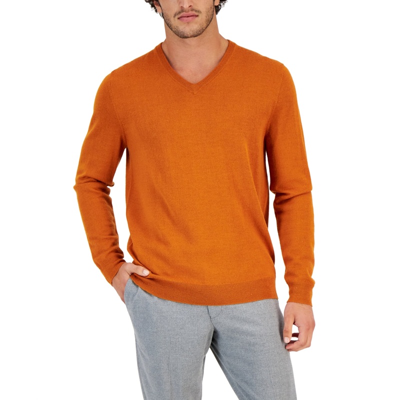 Club Room Men's V-Neck Wool Blend Sweater Pumpkin Latte M