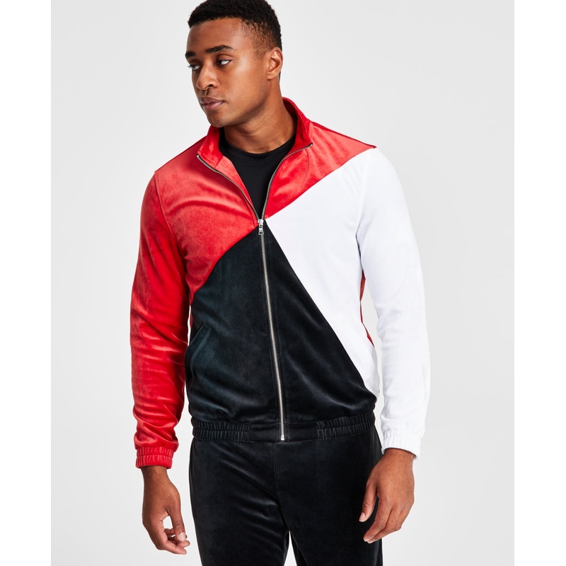International Concepts Men's Colorblocked Velour Jacket Ruby Wine Medium
