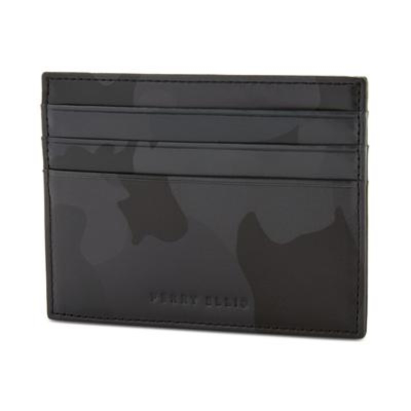 Perry Ellis Men's Black Leather Camo Card Case Six slot Wallet
