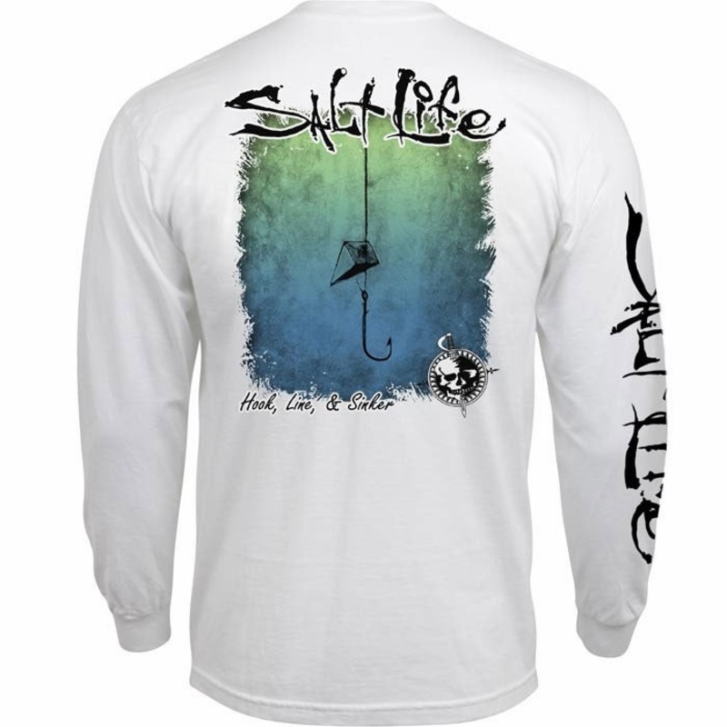 Salt Life Men's Hook Line Sinker Long Sleeve Pocket Tee Shirt White 2Xl