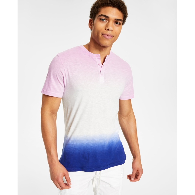 Sun + Stone Men's Ombre Dip dyed Henley Shirt Purple Xl