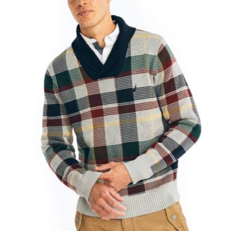 Nautica Men's Shawlneck Plaid Sweater Navy XL Dark Blue