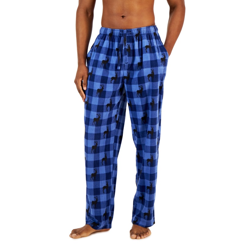Club Room Men's Deer-Print Buffalo Plaid Fleece Pajama Pants, Dark Blue, Small