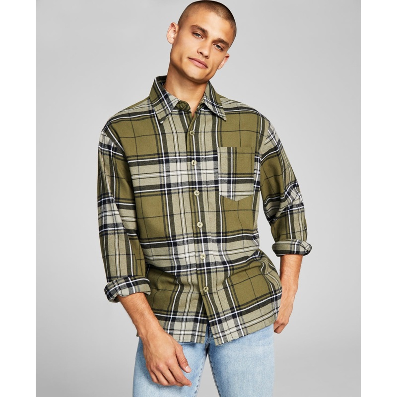 And Now This Men's Regular fit Plaid Flannel Shirt Green Plaid Medium