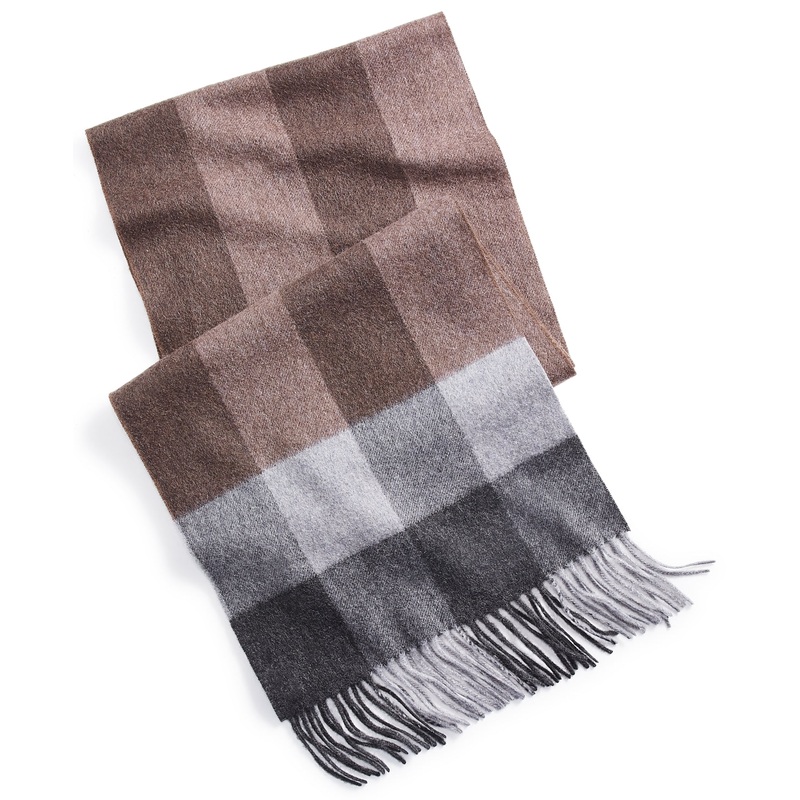 Club Room Men's 100% Cashmere Plaid Scarf Tan Grey
