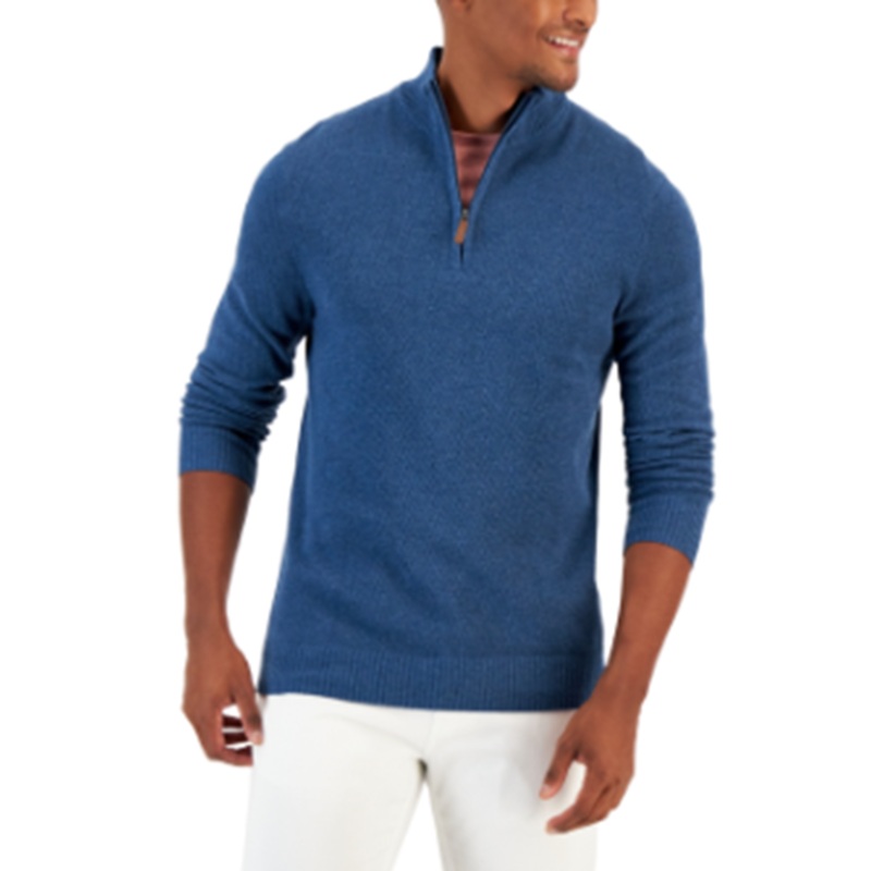 Club Room Mens Quarter-Zip Cotton Sweater Blue Wing Heather Small