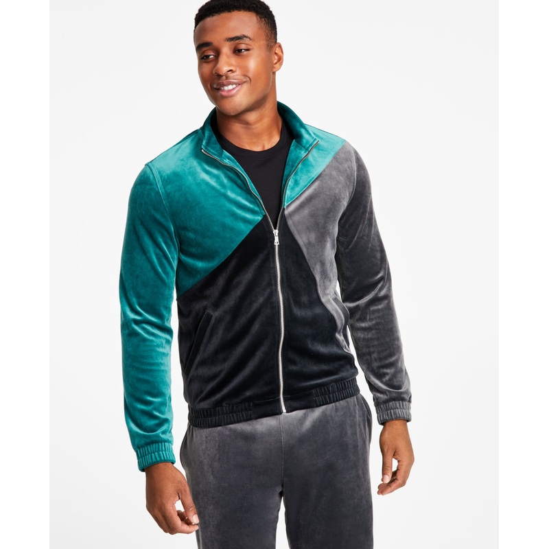 INC International Concepts Men's Colorblocked Velour Jacket Green Medium