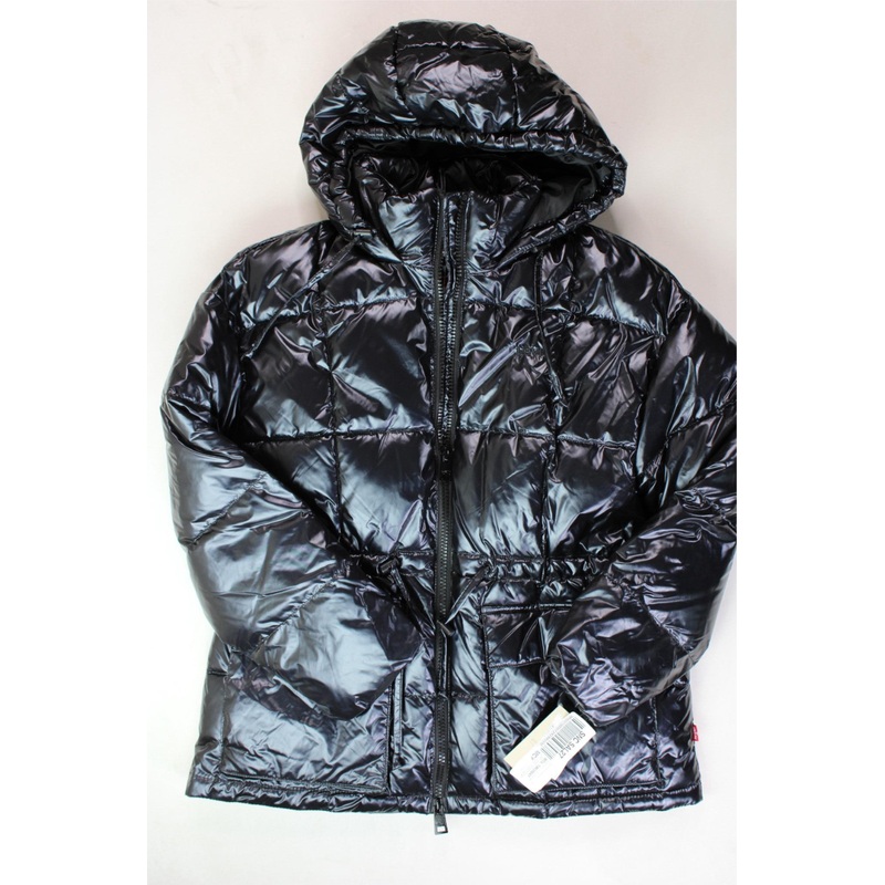 LEVI'S Womens Quilted Hooded Puffer Coat with Cinch Waist XS Shiny Black