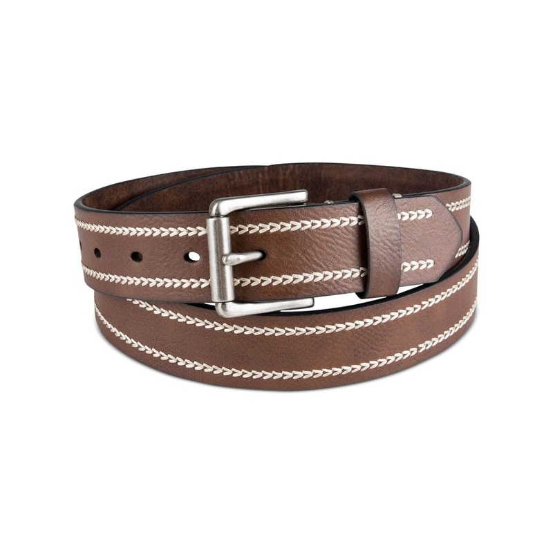 SUN STONE Mens Brown Heavy Stitch Faux Leather Casual Belt Small