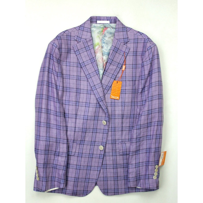 Tallia Mens Slim Fit Linen Sport Coat Blazer 48R Purple Plaid