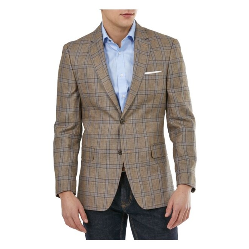 Tommy Hilfiger Men's Modern-Fit Linen Plaid Blazer 44L Tan Blue Sport Coat