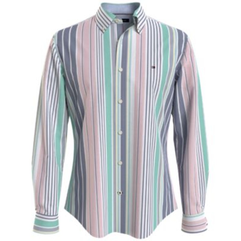 Tommy Hilfiger Men's Th Flex Stripe Oxford Custom Fit Shirt XXL Green / Grey