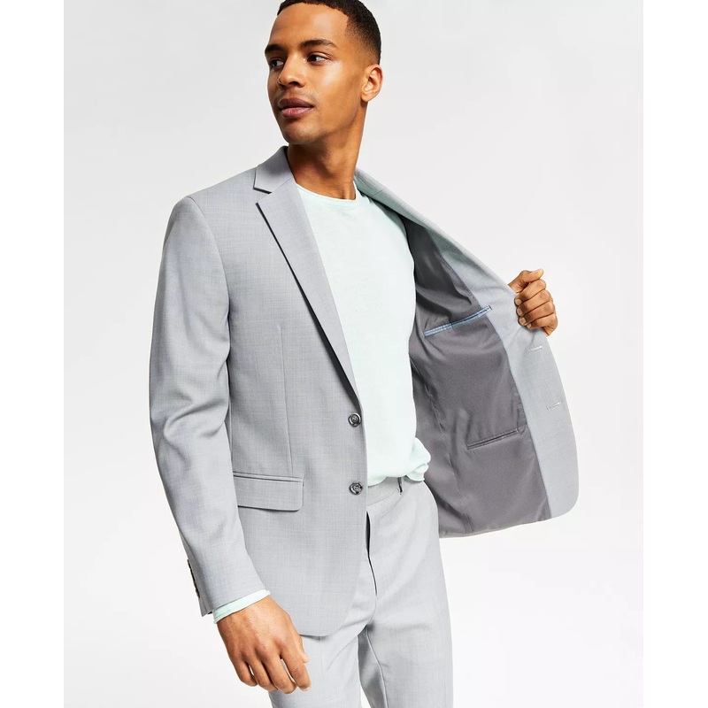 BAR III Men's Skinny-Fit Sharkskin Suit Jacket 42R Solid Light Grey Wool Blend