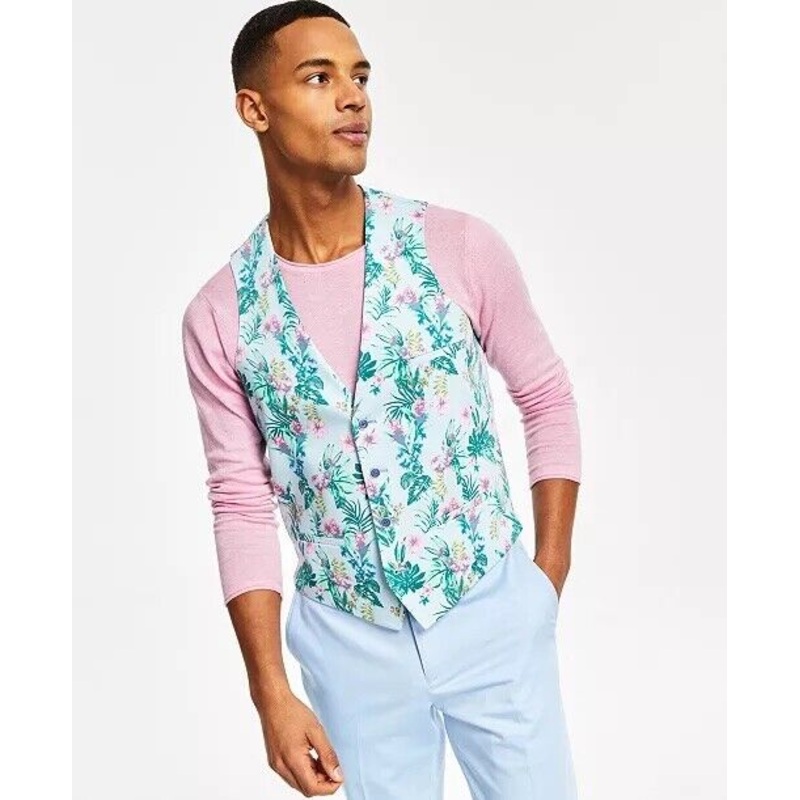 BAR III Men's Slim-Fit Floral-Print Suit Vest Blue Size XL