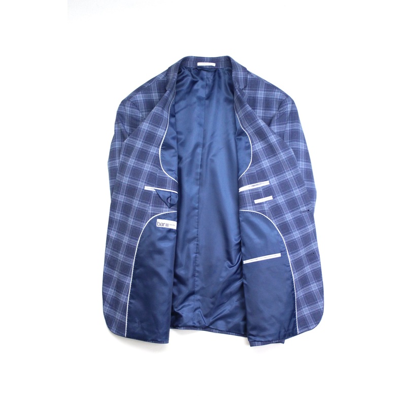 BAR III Men's Slim-Fit Patterned Plaid Blazer Grey Blue 42S Sport Coat