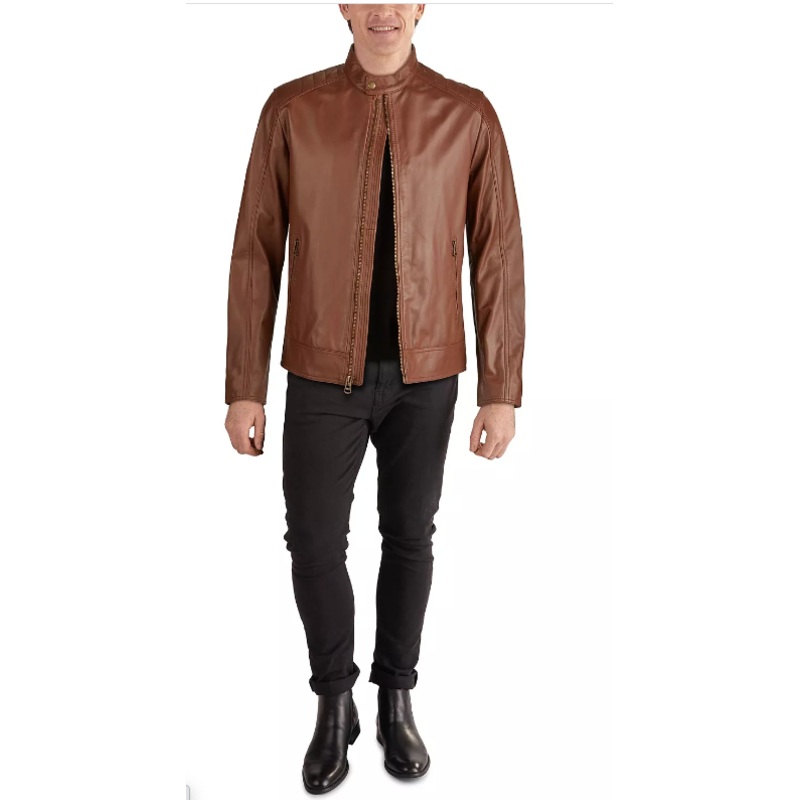 COLE HAAN Men's Jacket Brown XL Leather Motorcycle