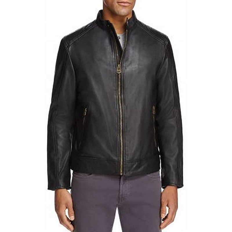 Cole Haan Mens Washed Genuine Leather Moto Jacket Large Black