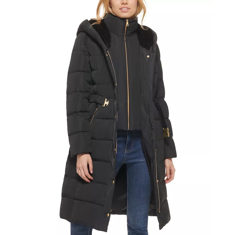 COLE HAAN Women's Hooded Down Puffer Coat XL Black NO BELT