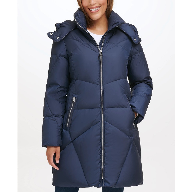 Cole Haan Women's Zip Hooded Down Zip Puffer Coat Small Navy Blue