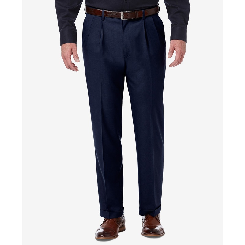 Haggar Comfort Classic Fit Pleat Expandable Waist Pantrs 34 x 30 Navy Blue