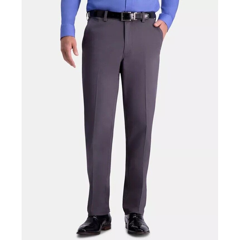 HAGGAR Men's Khaki Classic-Fit 2-Way Stretch Flat Pants 42 x 29 Charcoal Grey