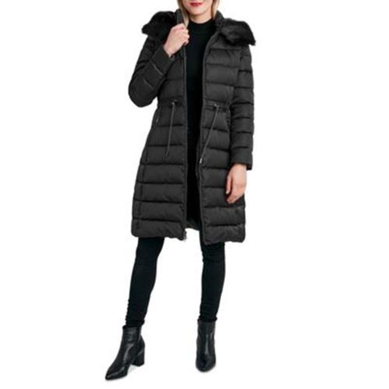 LAUNDRY BY SHELLI SEGAL Women's Faux-Fur-Trim Hooded Puffer Coat Large Black