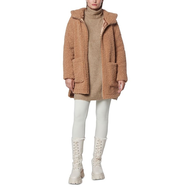 MARC NEW YORK Women's Seneca Hooded Teddy Coat Large Camel Brown