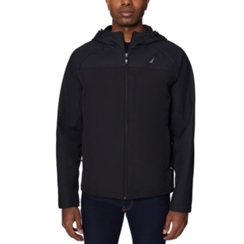 NAUTICA Men's Zip-Front Color Block Soft Shell Hoodie Jacket Large Black