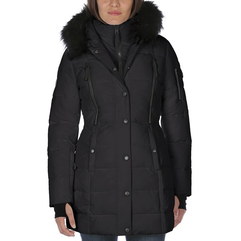NAUTICA Womens Faux-Fur-Trim Hooded Puffer Coat Large Solid Black