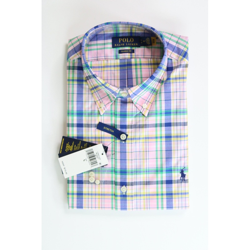 Polo Ralph Lauren Mens Classic Fit Plaid Button Stretch Poplin Shirt Large Pink