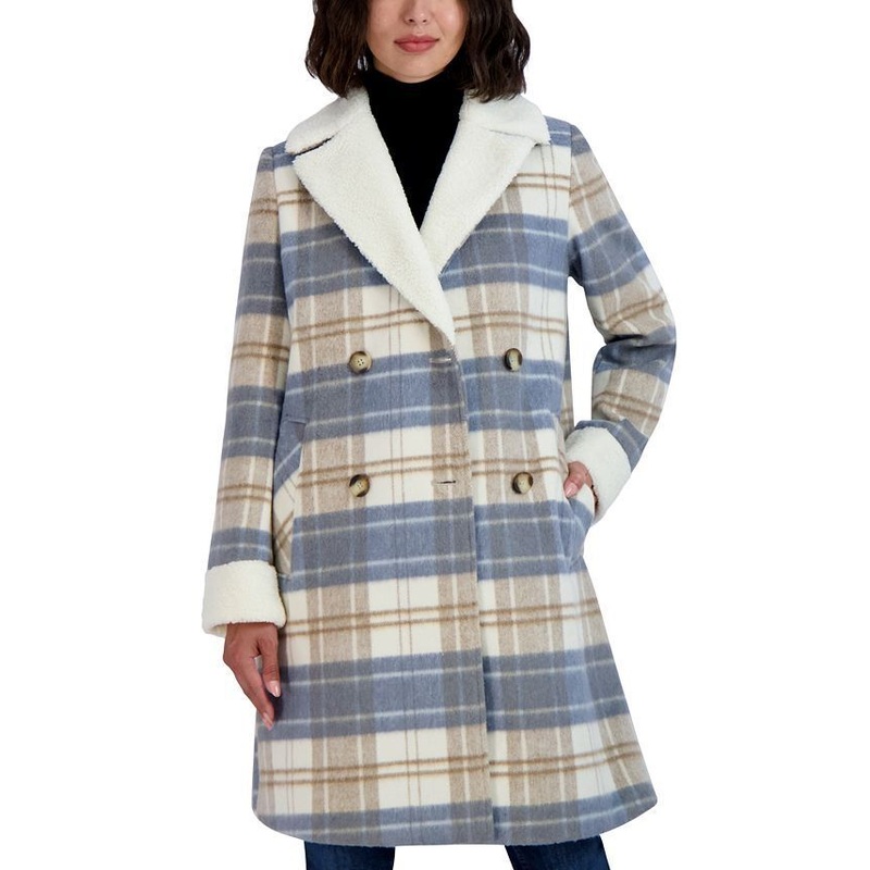 TAHARI Women's Plaid Doubled-Breasted Coat Medium Blue White