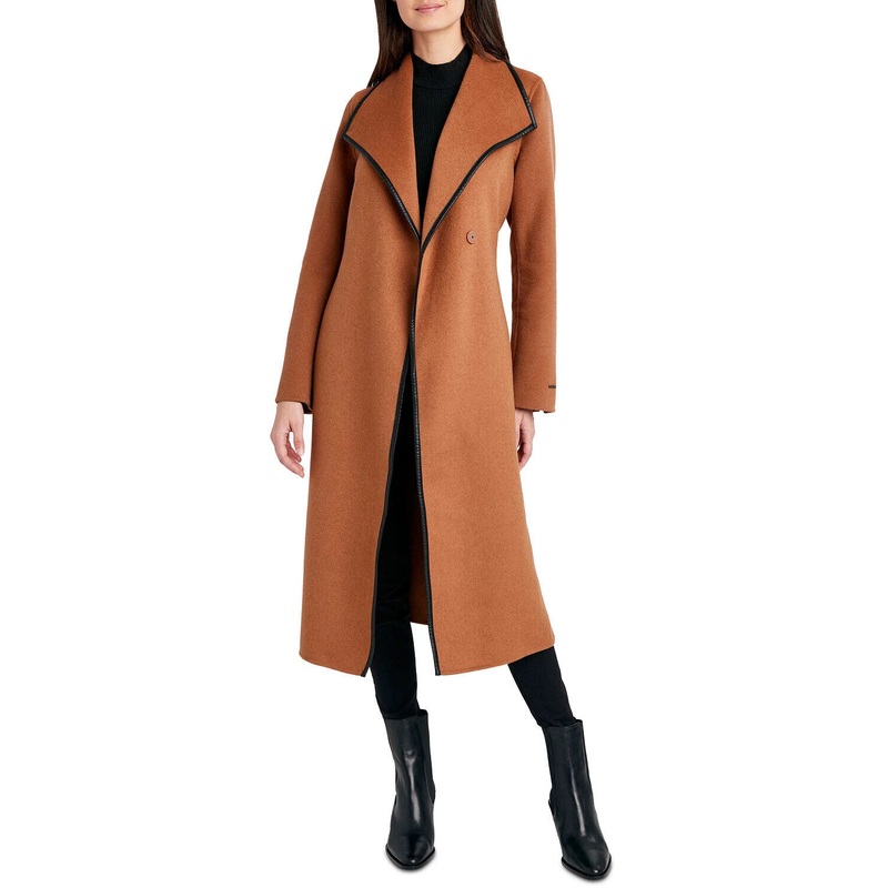 Tahari Womens Faux-Leather-Trim Belted Wrap Coat XS Caramel Brown
