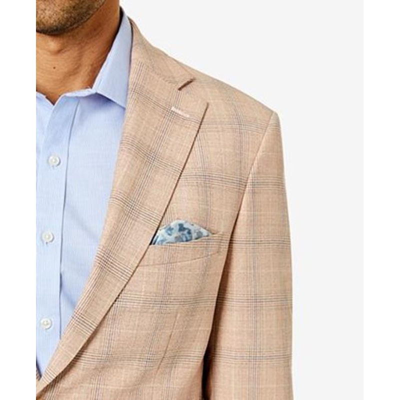 TALLIA Men's Slim-Fit Wool Suit Jacket 42L Tan Blue Plaid