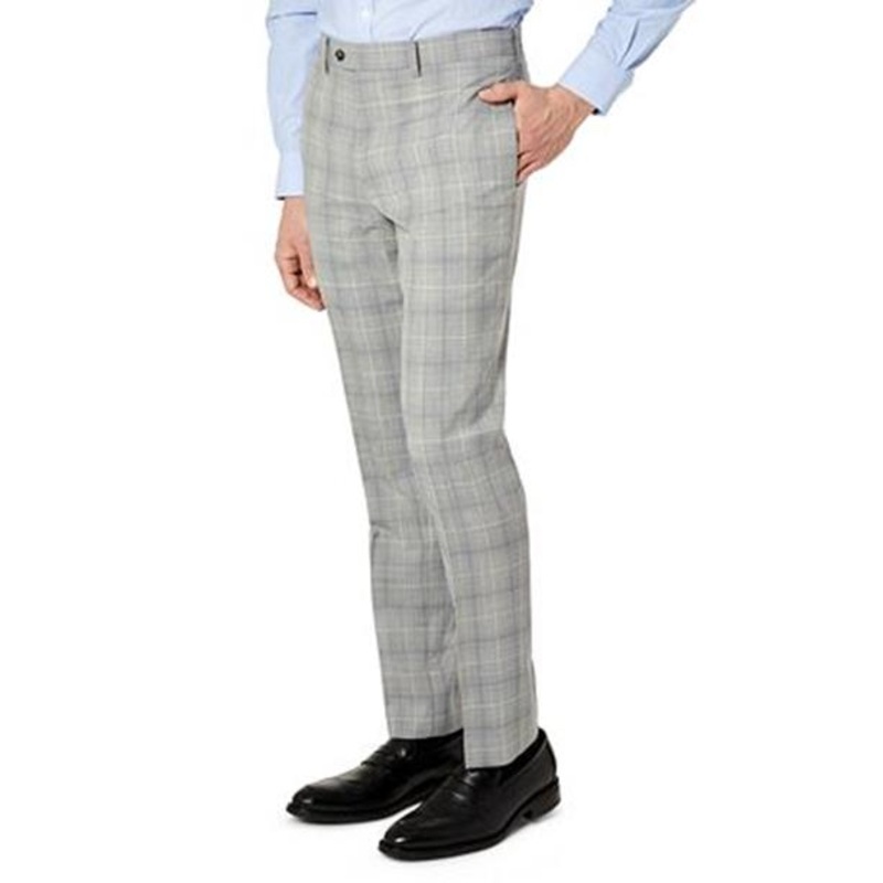 Tallia Mens Slim-Fit Wool Dress Pants Light Grey / Blue Plaid 36 X 32 Flat Front