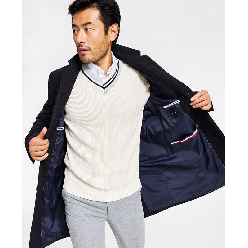 Tommy Hilfiger Mens Addison Wool Trim Fit Overcoat Coat 38S Navy Blue Solid