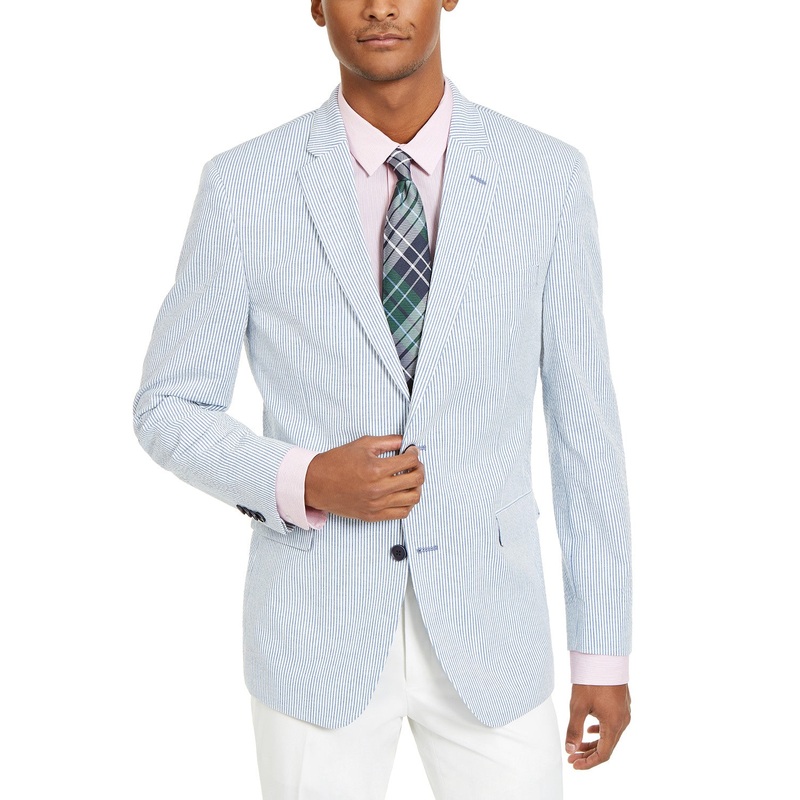 Tommy Hilfiger Modern-Fit Stretch Blue White Seersucker Stripe Sport Coat 44L
