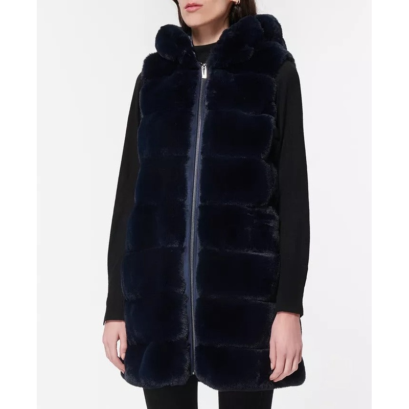 VIA SPIGA Women's Grooved Hooded Faux-Fur Vest  Small Navy Blue