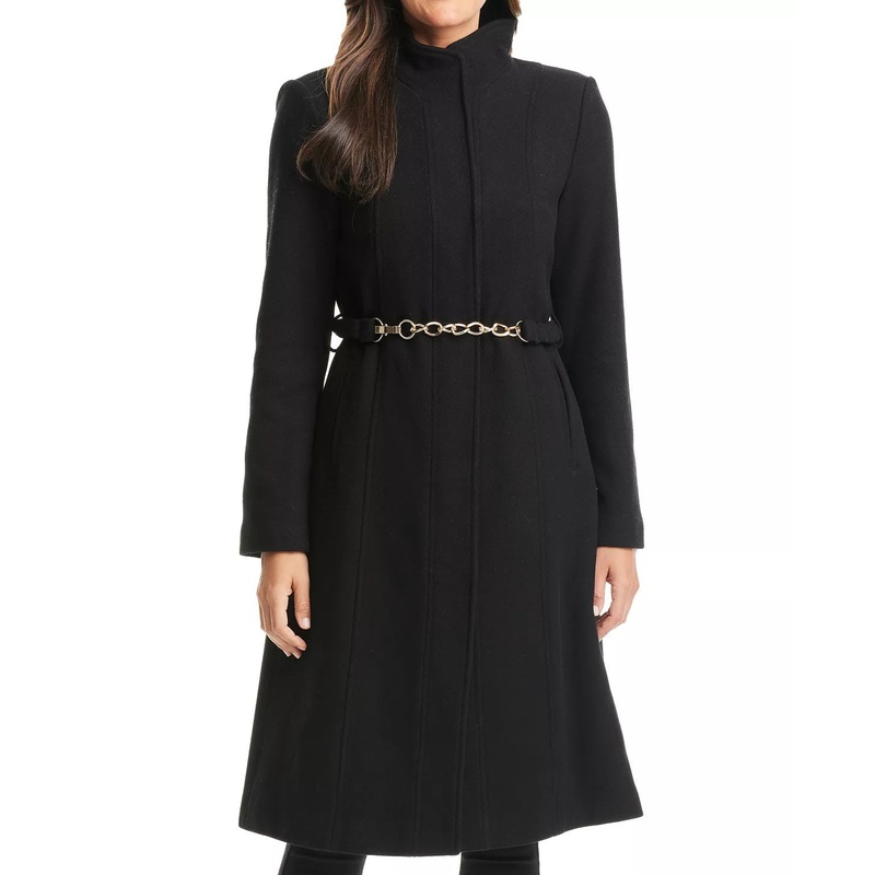 VINCE CAMUTO Women's Chain Belted Maxi Coat Black Large Wool