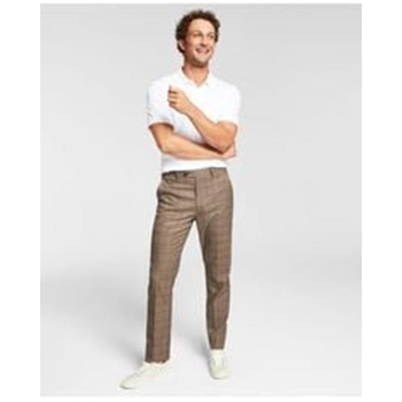 Alfani Men's Slim Fit Suit Tan Windowpane Plaid Dress Pants 33 x 30 Light Brown